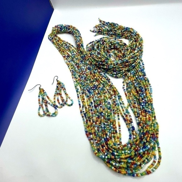 African Jewelry - African Jewelry LOOONG Necklace Earrings Artisan Kenyan Set Rainbow Beaded RARE!